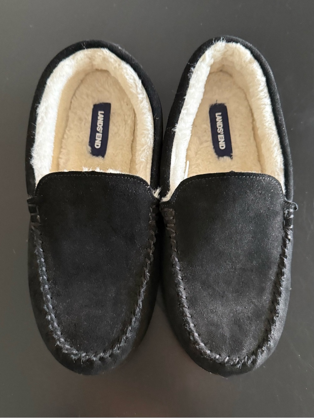 Land's End Fuzzy Lined Suede Moccasin Slippers Women’s Size 9 Black NWOT